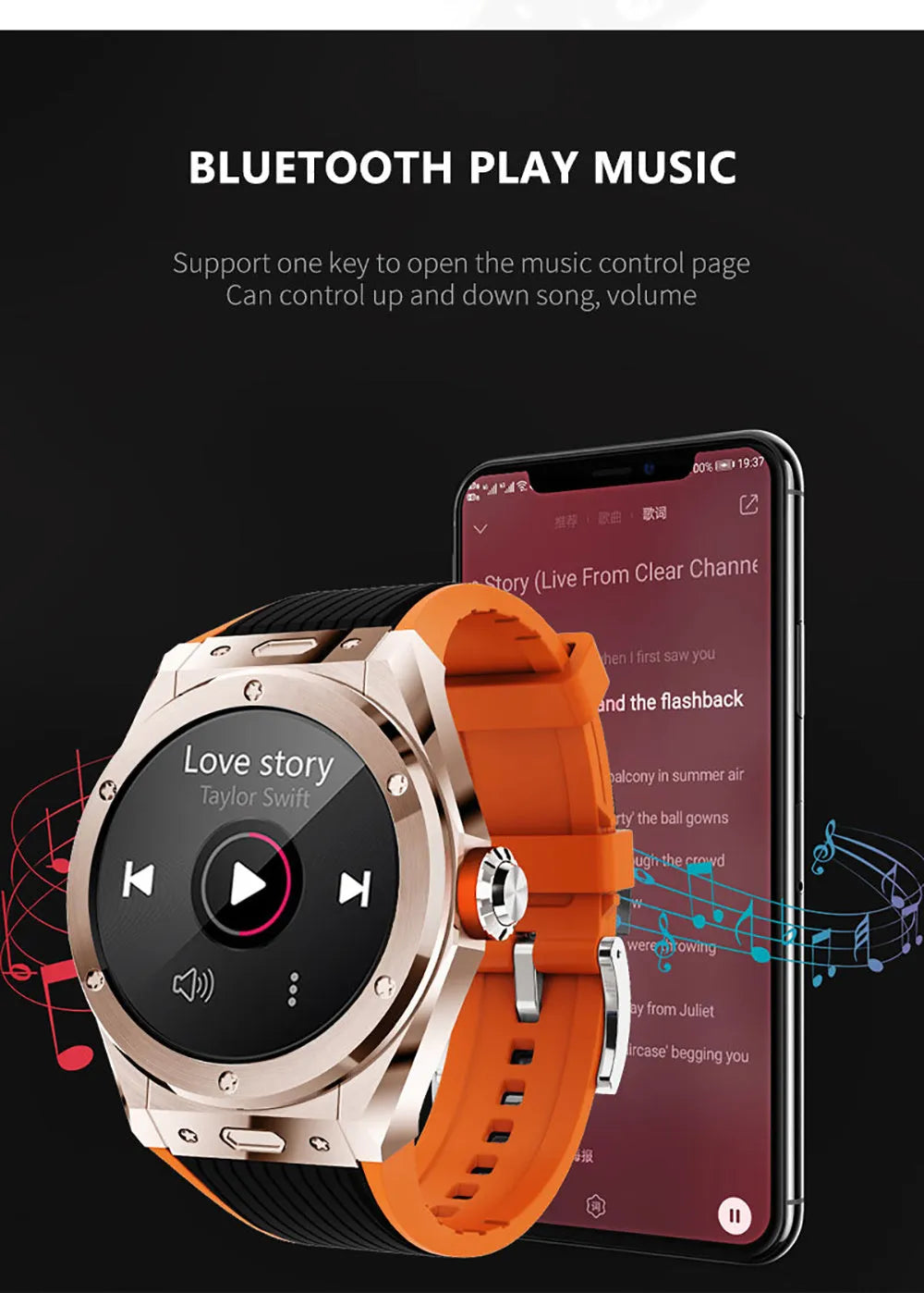 Mv58 smart watch in black with silicone strap, showing time on 1.28-inch screen.