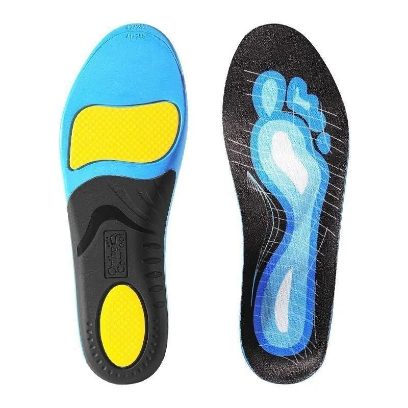 Blue and green flat foot correction insoles made from PU material showing size ranges 35-46.