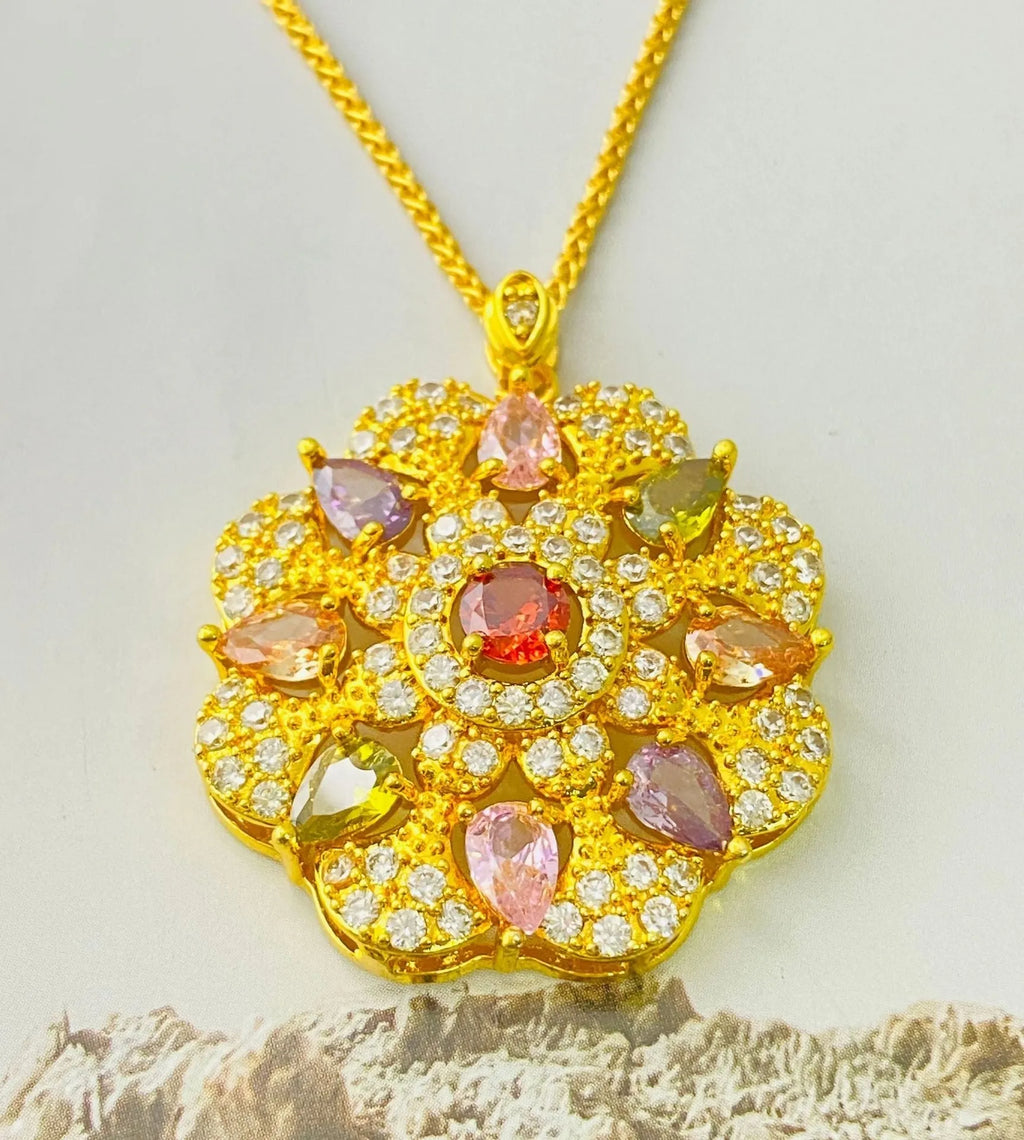 Women's colourful zircon flower pendant necklace in gold, champagne gold, or platinum colour finishes