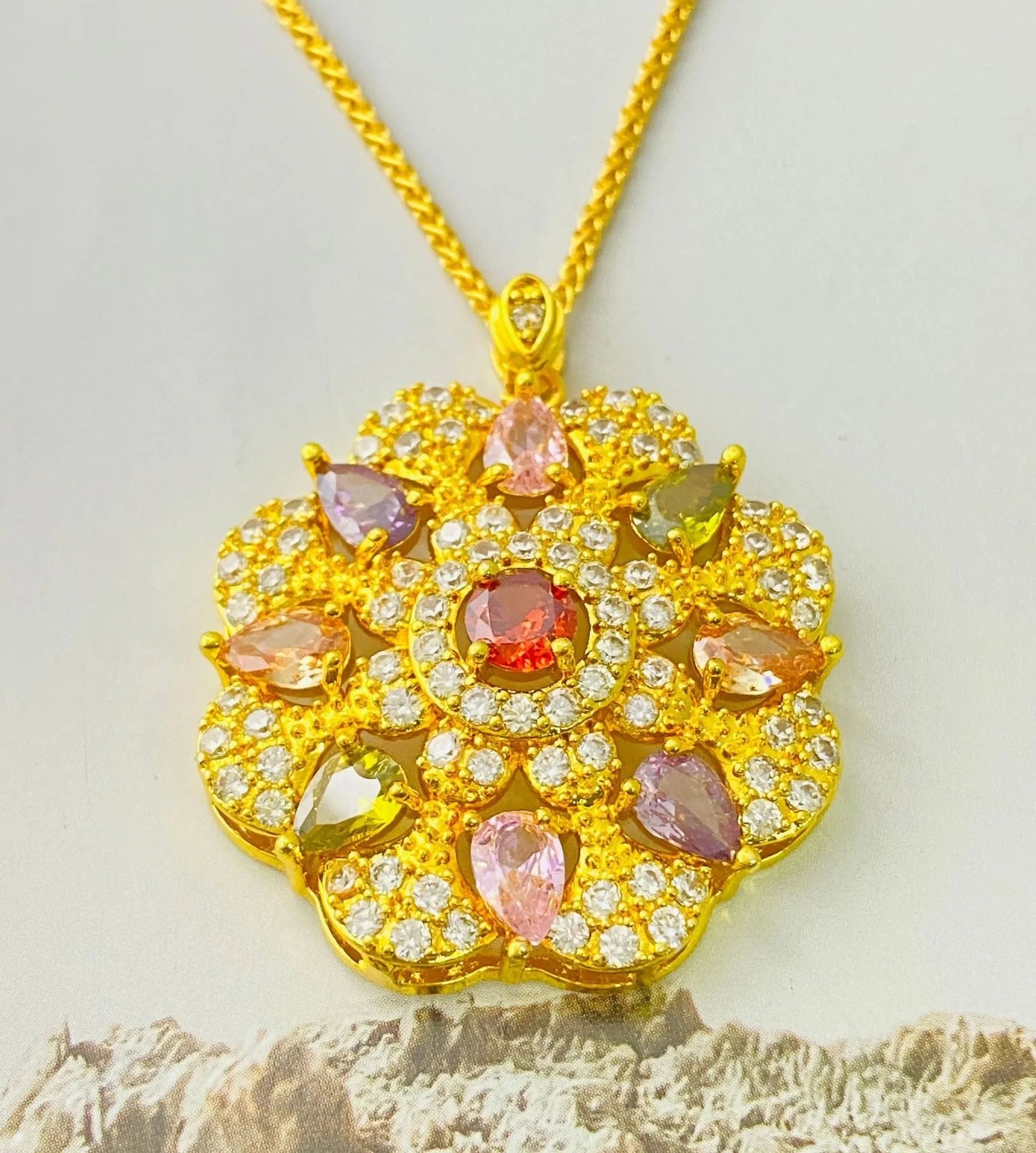 Women's colourful zircon flower pendant necklace in gold, champagne gold, or platinum colour finishes