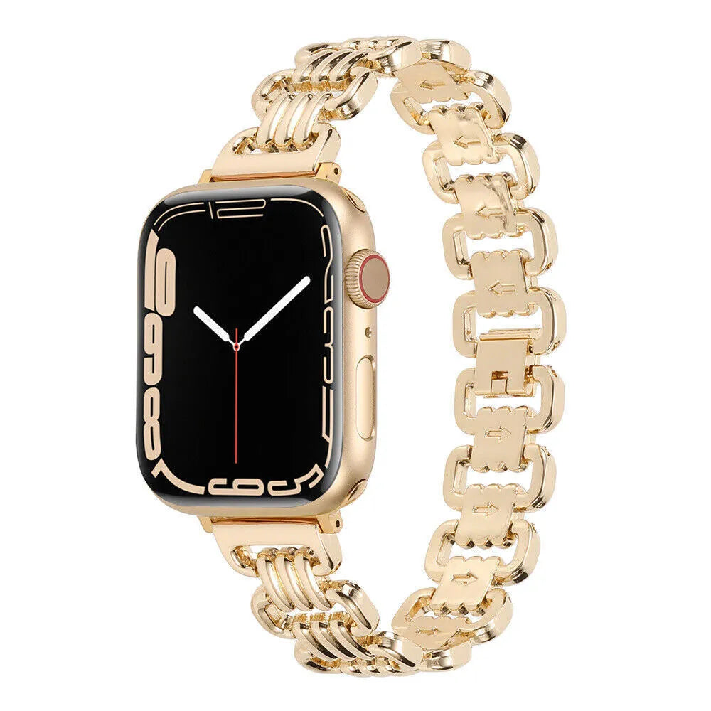 Alloy metal watch bracelet for Apple Watch in silver, black, gold, rose gold, and starlight colours on a white background
