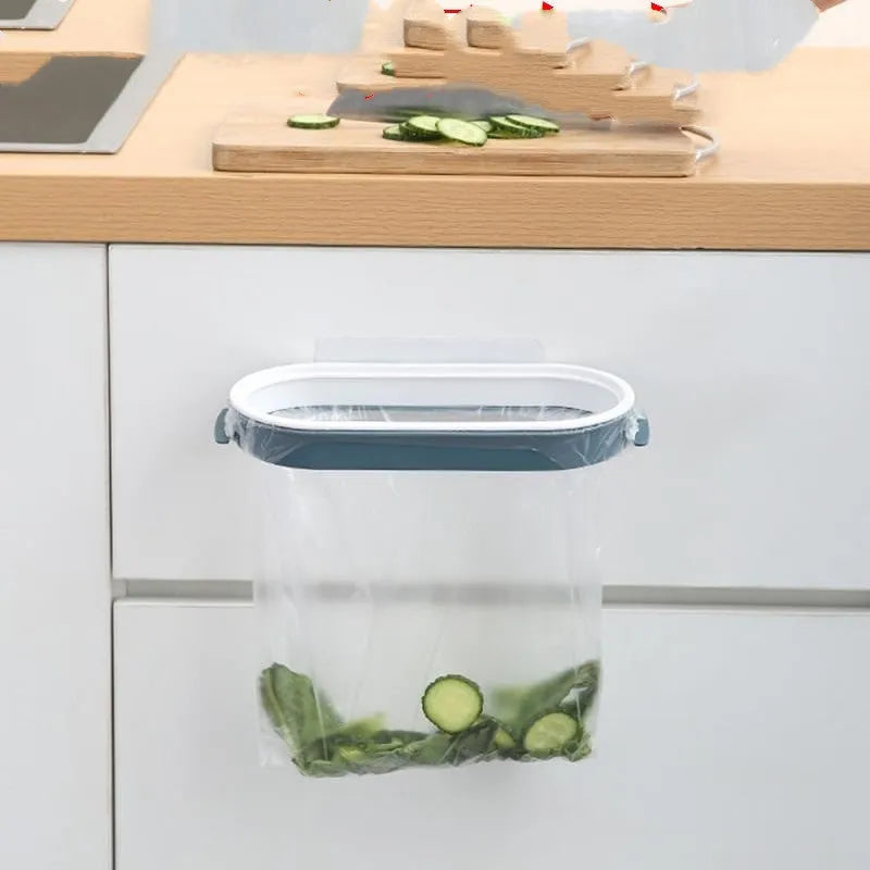 Blue plastic kitchen garbage bag storage rack holding a roll of bin liners.