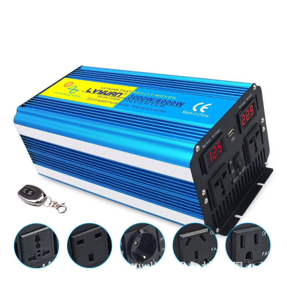 Blue 3000W pure sine wave car power inverter with digital displays and UK sockets