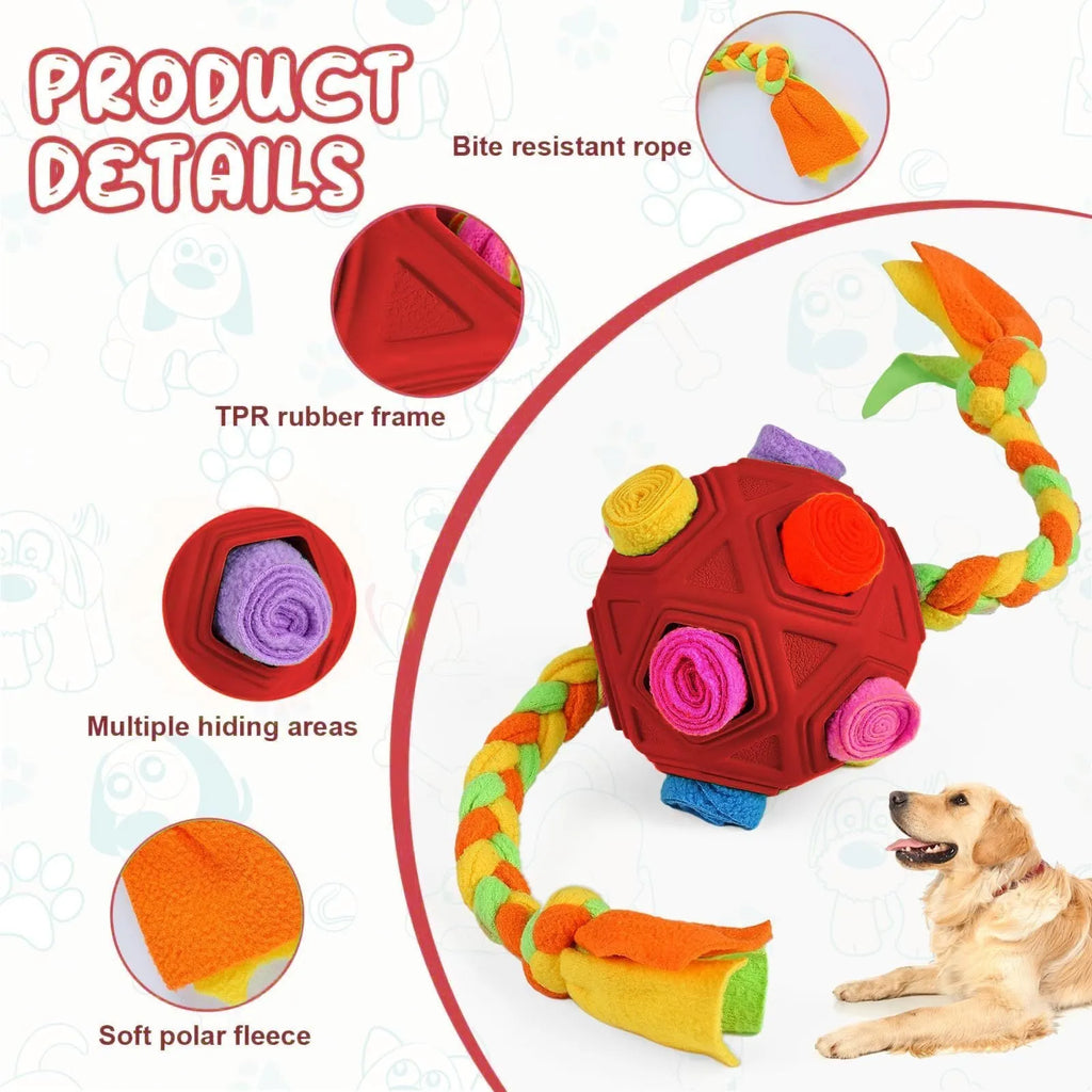 Blue Sniffing Ball dog puzzle toy for IQ training and treat dispensing on a wooden floor