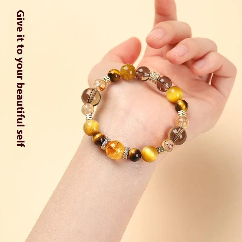 Natural tiger-eye crystal bracelet with geometric jinba design beads in 10mm and 12mm size options
