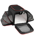 600D cationic cat carrier bag in black with red piping, showing shoulder strap and medium-soft construction