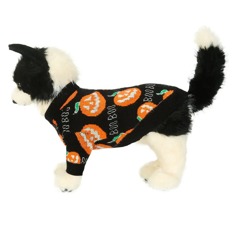Black dog sweater with orange Halloween pumpkin pattern design for pet costumes
