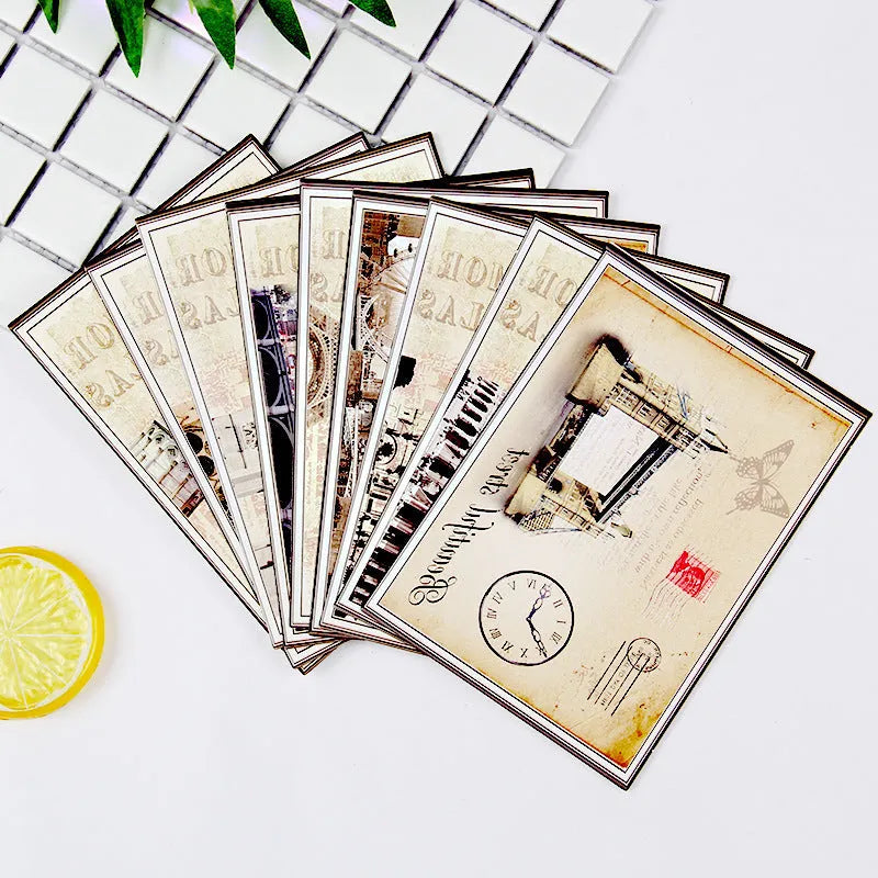 Set of nine minimalist cartoon postcards with Japanese-style retro Paris tower and historic site illustrations.