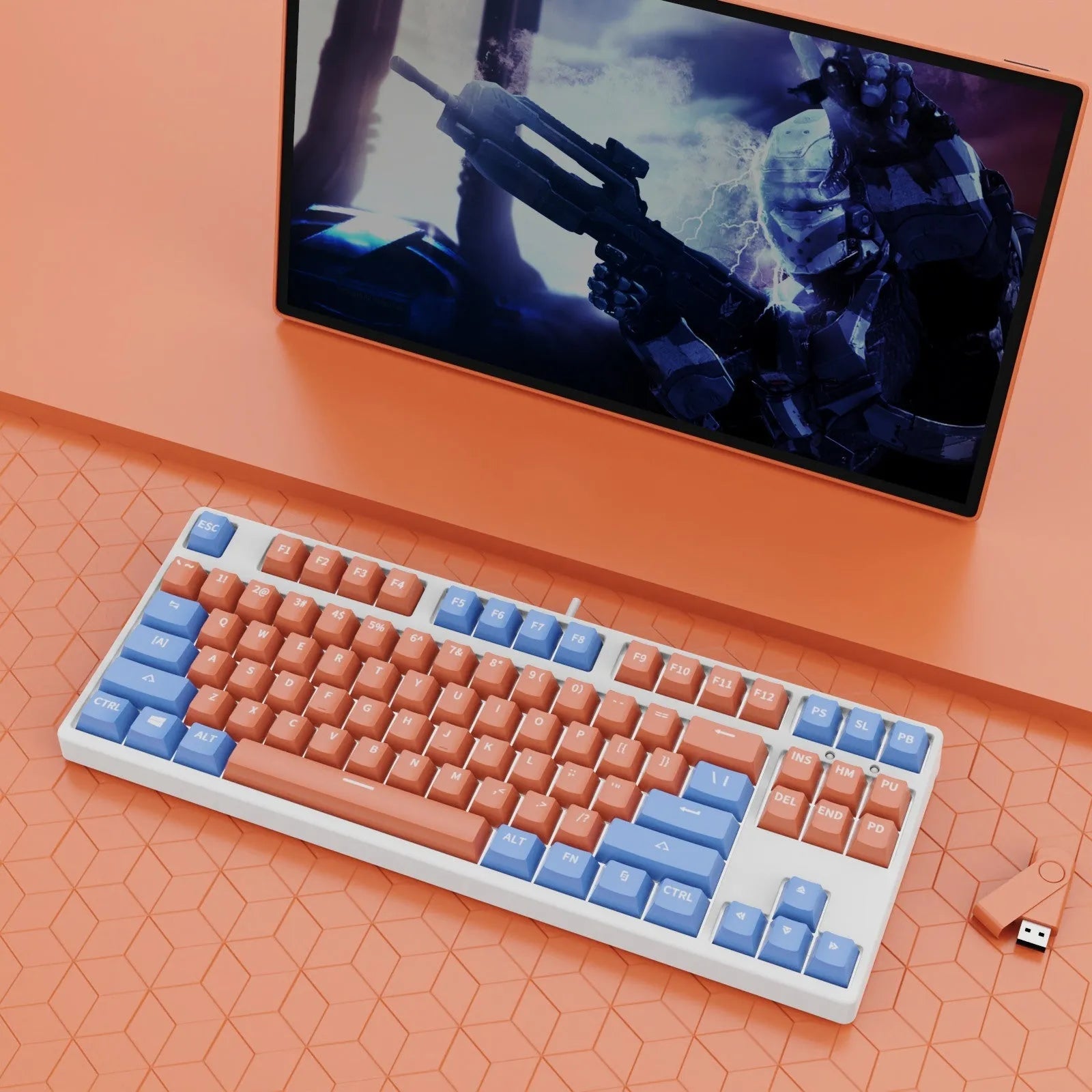 87-key wired mechanical keyboard with two-tone keycaps in orange and yellow colour combination