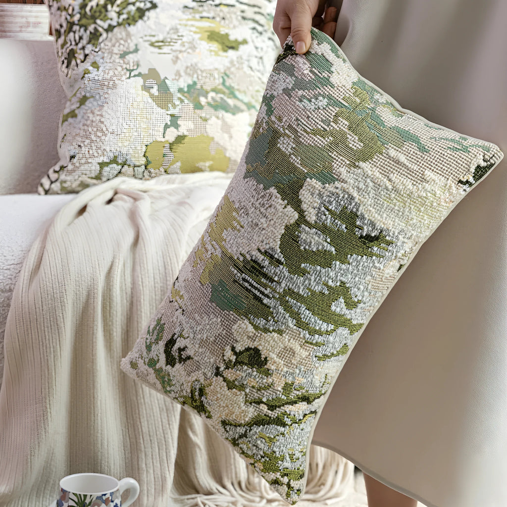 Green abstract floral pattern decorative pillow cover with French antique style, shown in square and rectangular sizes.