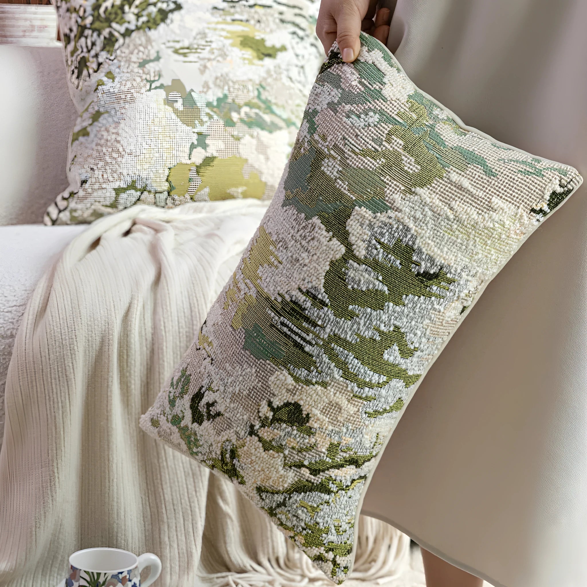 Green abstract floral pattern decorative pillow cover with French antique style, shown in square and rectangular sizes.