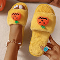 Yellow pumpkin cartoon design women's plush slippers with synthetic fur and open toe