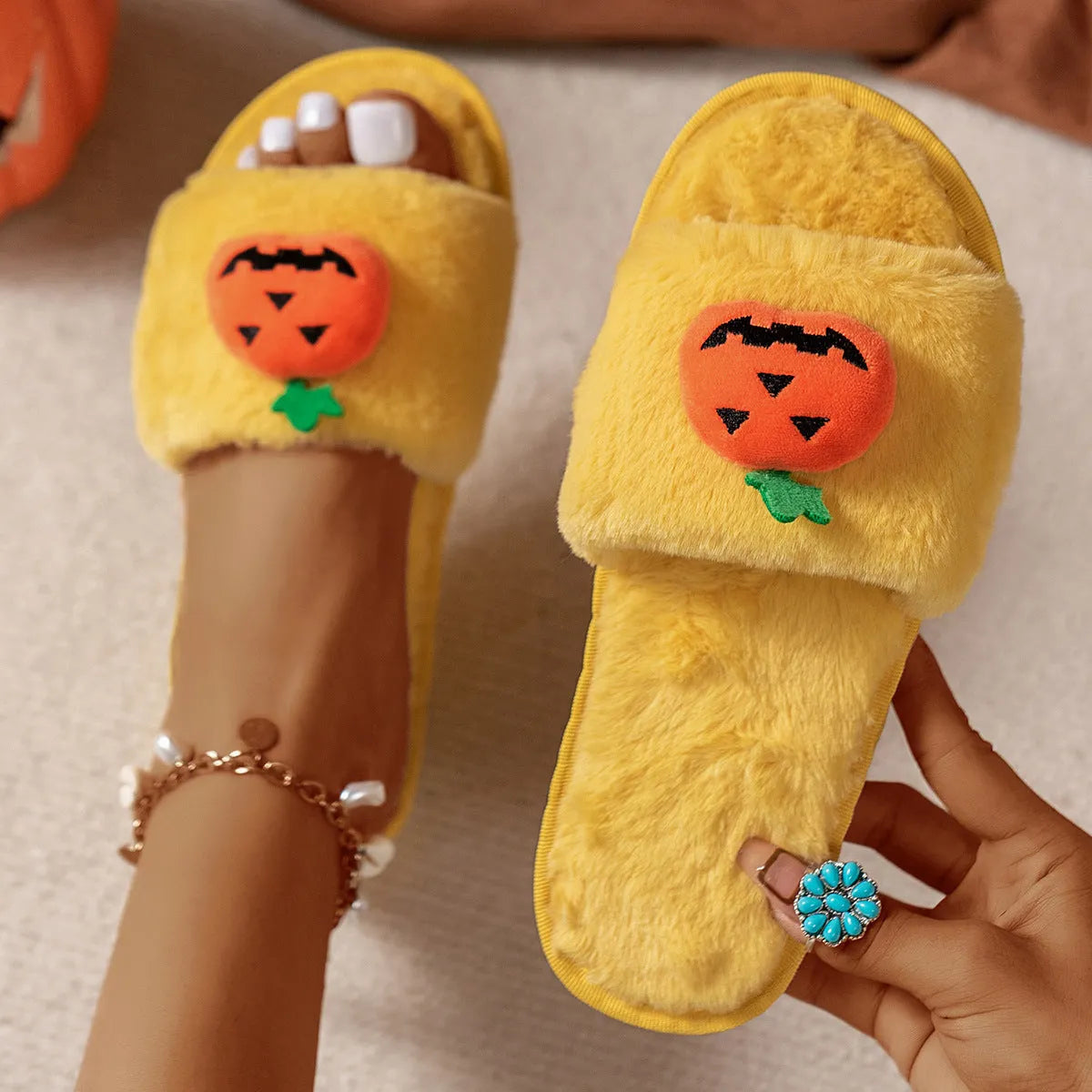 Yellow pumpkin cartoon design women's plush slippers with synthetic fur and open toe