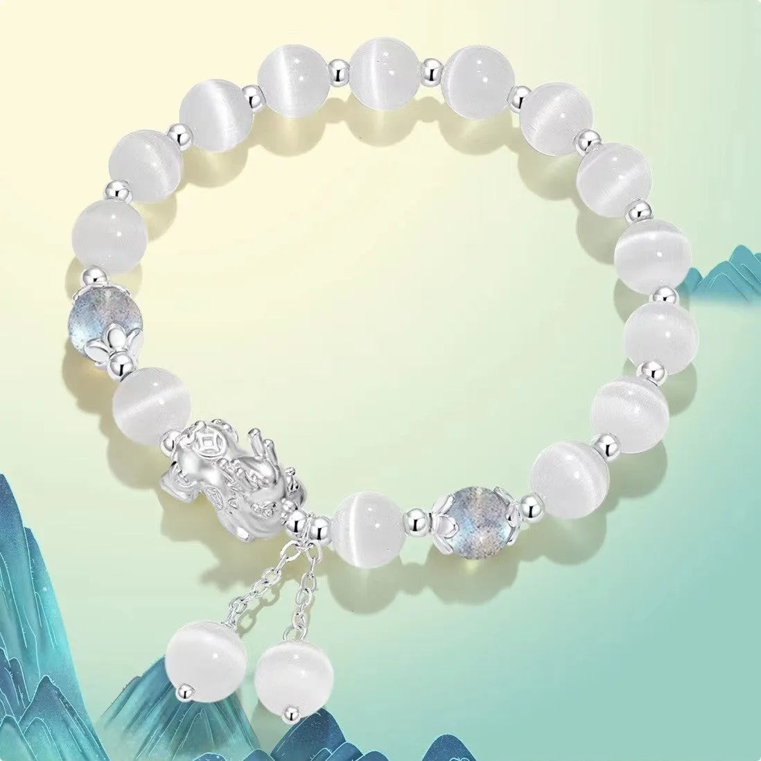 Natural black agate and gray opal couple bracelet with 10mm wave-shaped beads.