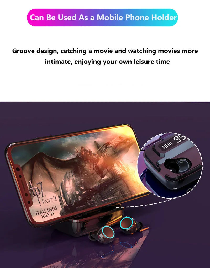 Black M11 Bluetooth 5.0 wireless earbuds with digital display charging case and phone holder