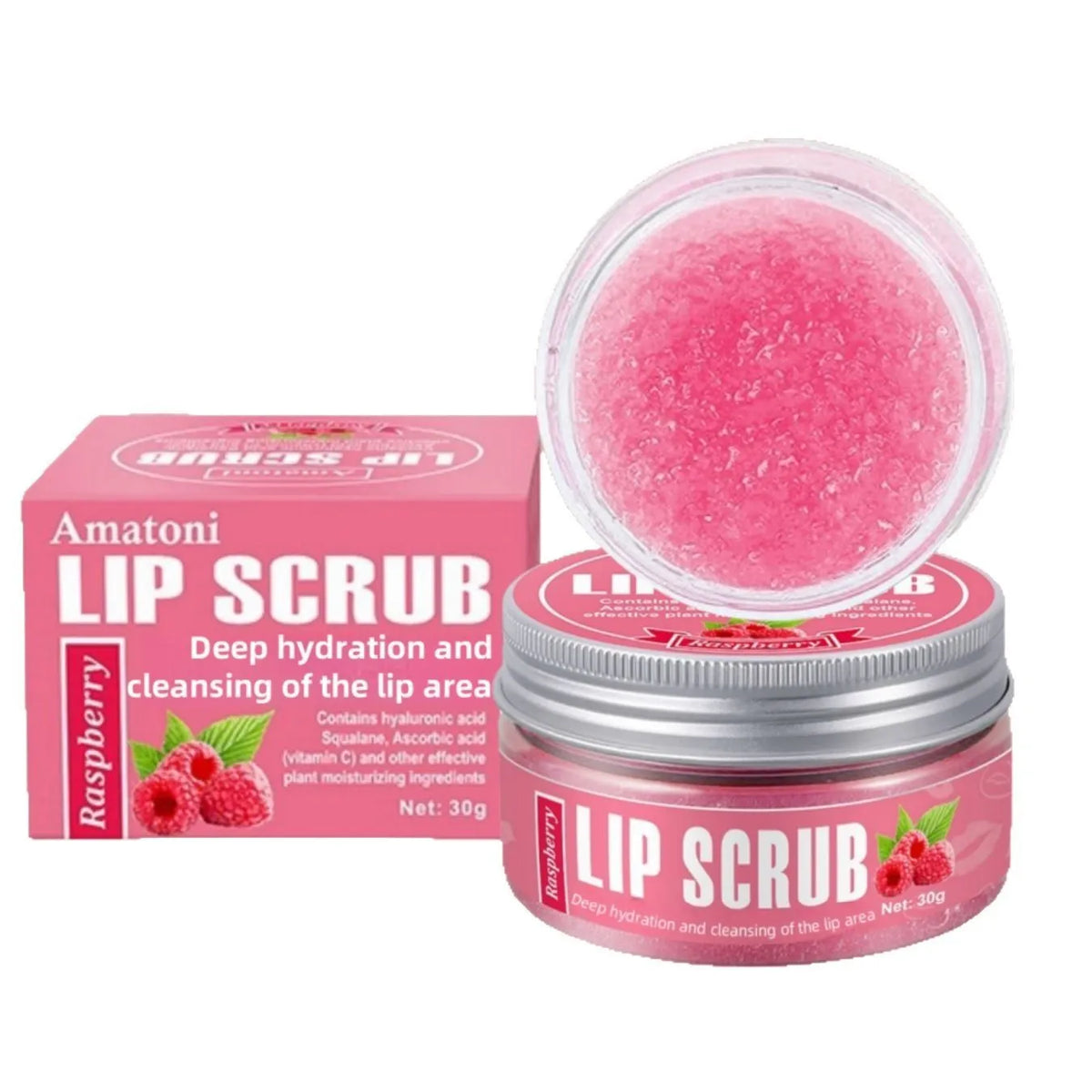 Amatoni lip scrub cream jar in fruit flavours for exfoliating and moisturising lip care