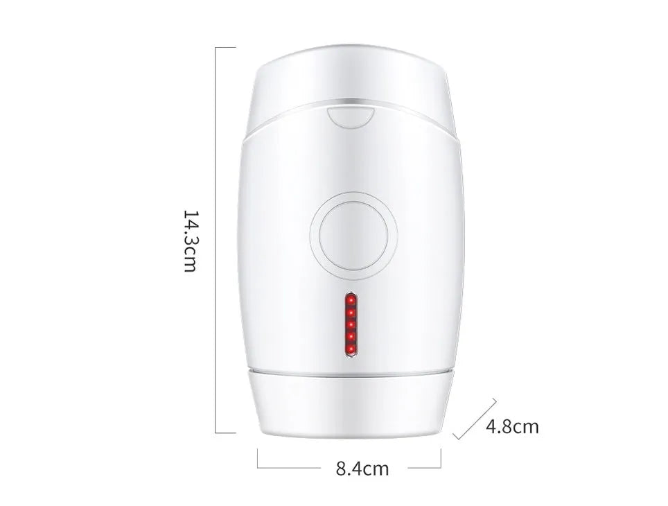 White home laser hair removal instrument with display screen and adapter plugs for UK, EU, US, and AU sockets.