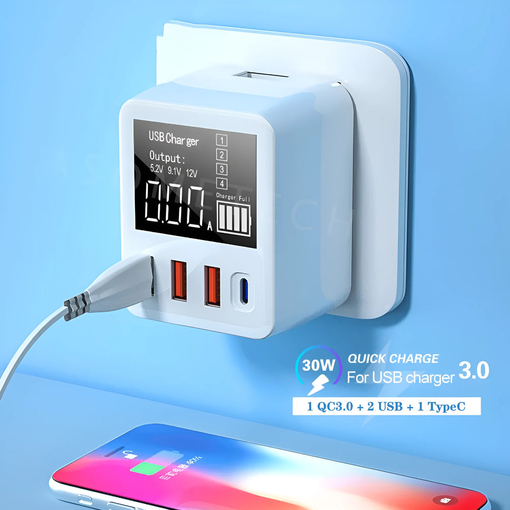 White 4-port USB travel charger with LED display showing UK plug