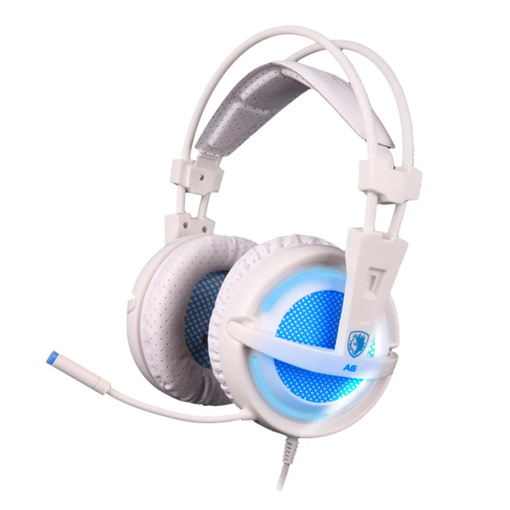 Black USB gaming headset with LED lights on ear cups, showing over-ear design.