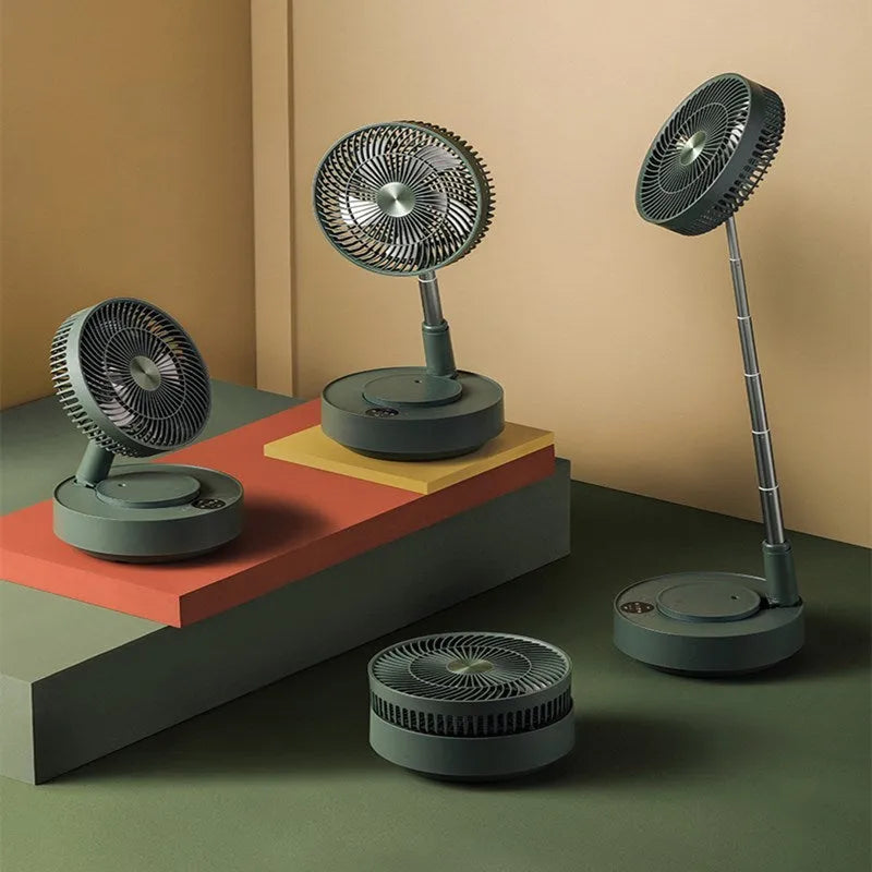 Green rechargeable storage floor electric fan in vertical configuration with telescopic folding design