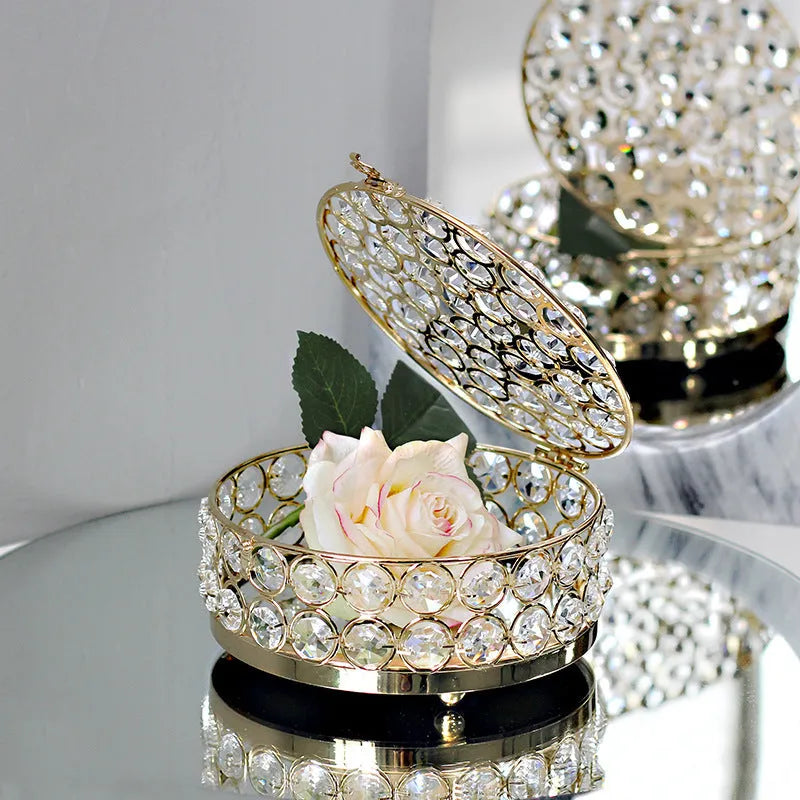 Transparent crystal glass jewellery box with French gold metal accents in European style design