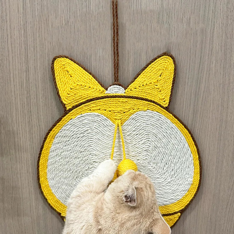 Yellow Corgi-butt design sisal cat scratching board with adhesive hooks on a white background
