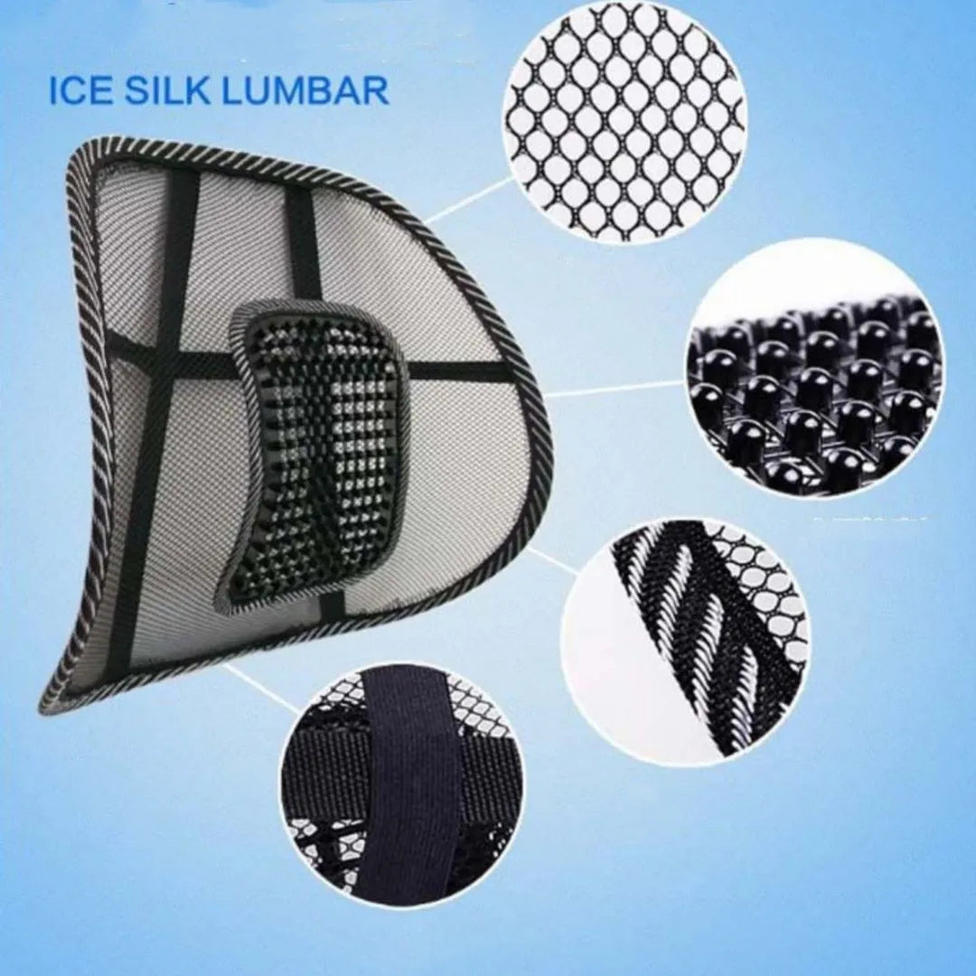 Black lumbar support pillow with leather nail pattern detailing measuring 41x39cm