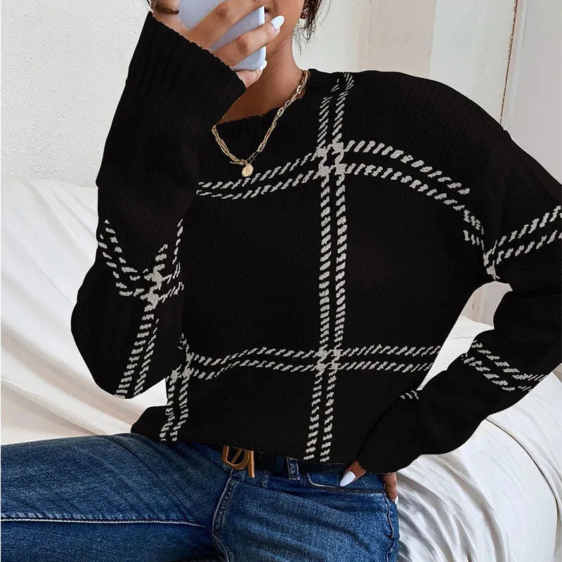 Women's casual plaid colour-block acrylic sweater with loose fit and crew neck