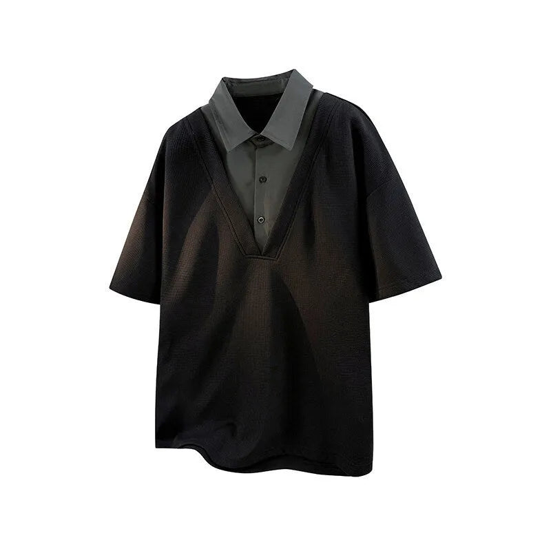 Men's heavy Henry collar polo shirt sweater in spandex fabric available in black and apricot colours
