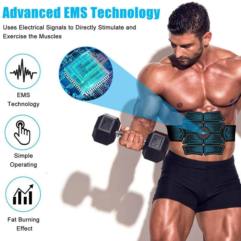 EMS abdominal muscle stimulator belly belt with 6 modes, 10 frequencies, 3 controllers, and USB charging cable