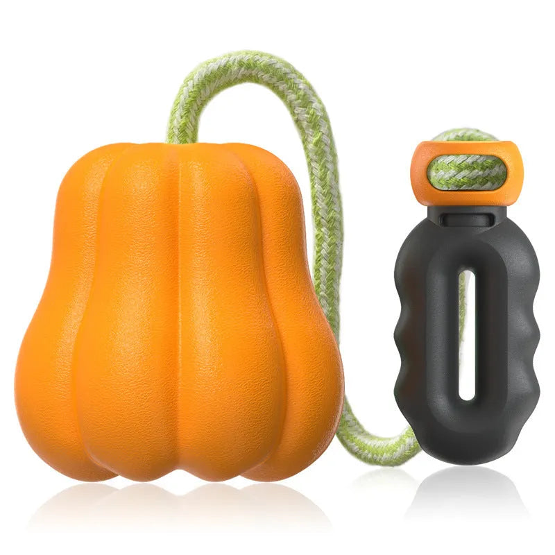 Pumpkin orange plastic dog chew toy with rope attachment for throwing games