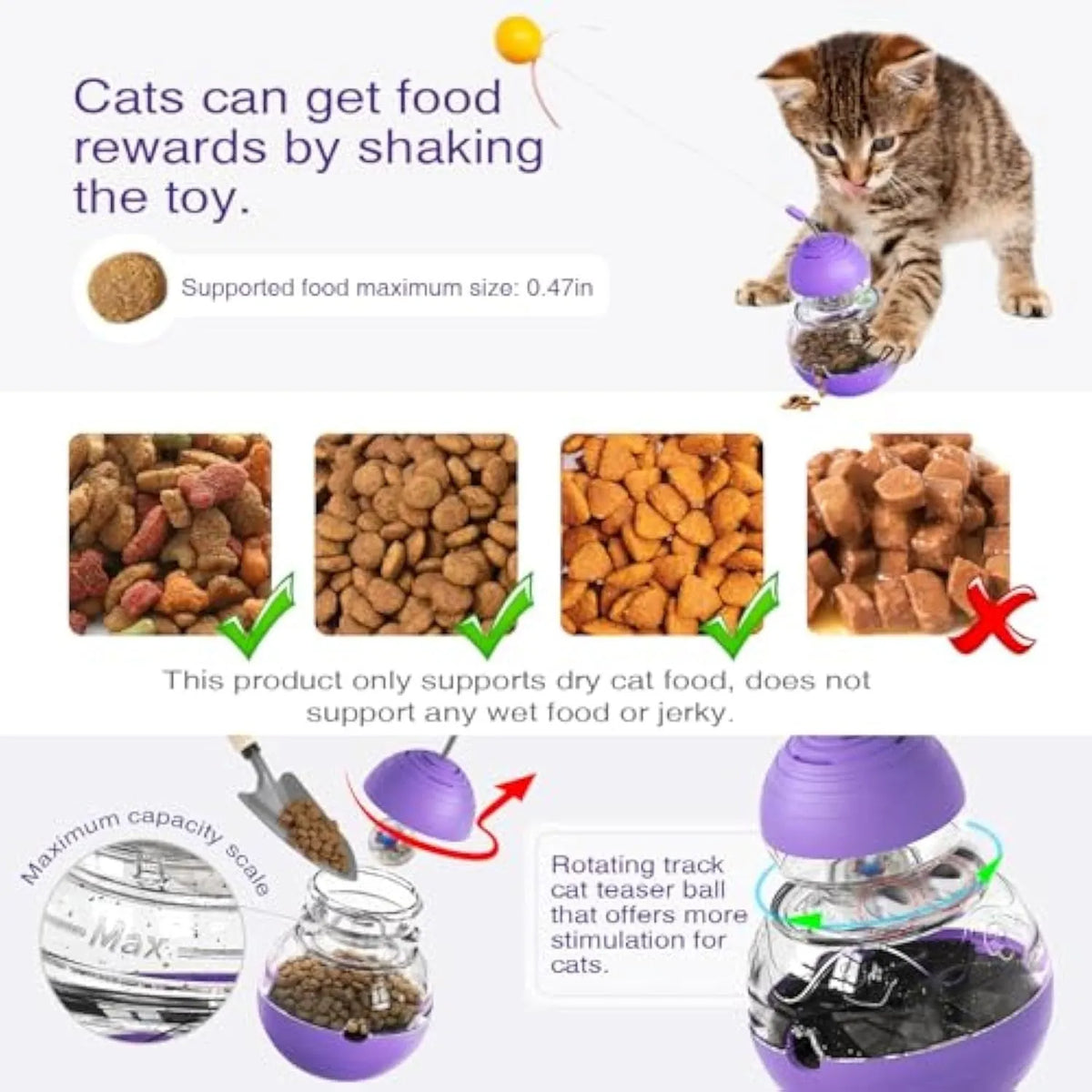 Interactive cat toy with yellow ball teaser and slow food dispenser in rocking base