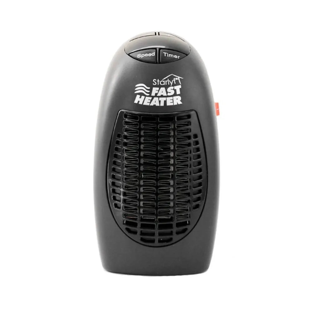 Small black mini ceramic electric heater with digital display and a rotating three-prong plug.