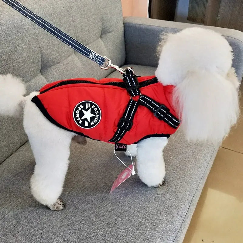 Waterproof dog coat with integrated harness in rain silk fabric showing size range from XS to 4XL