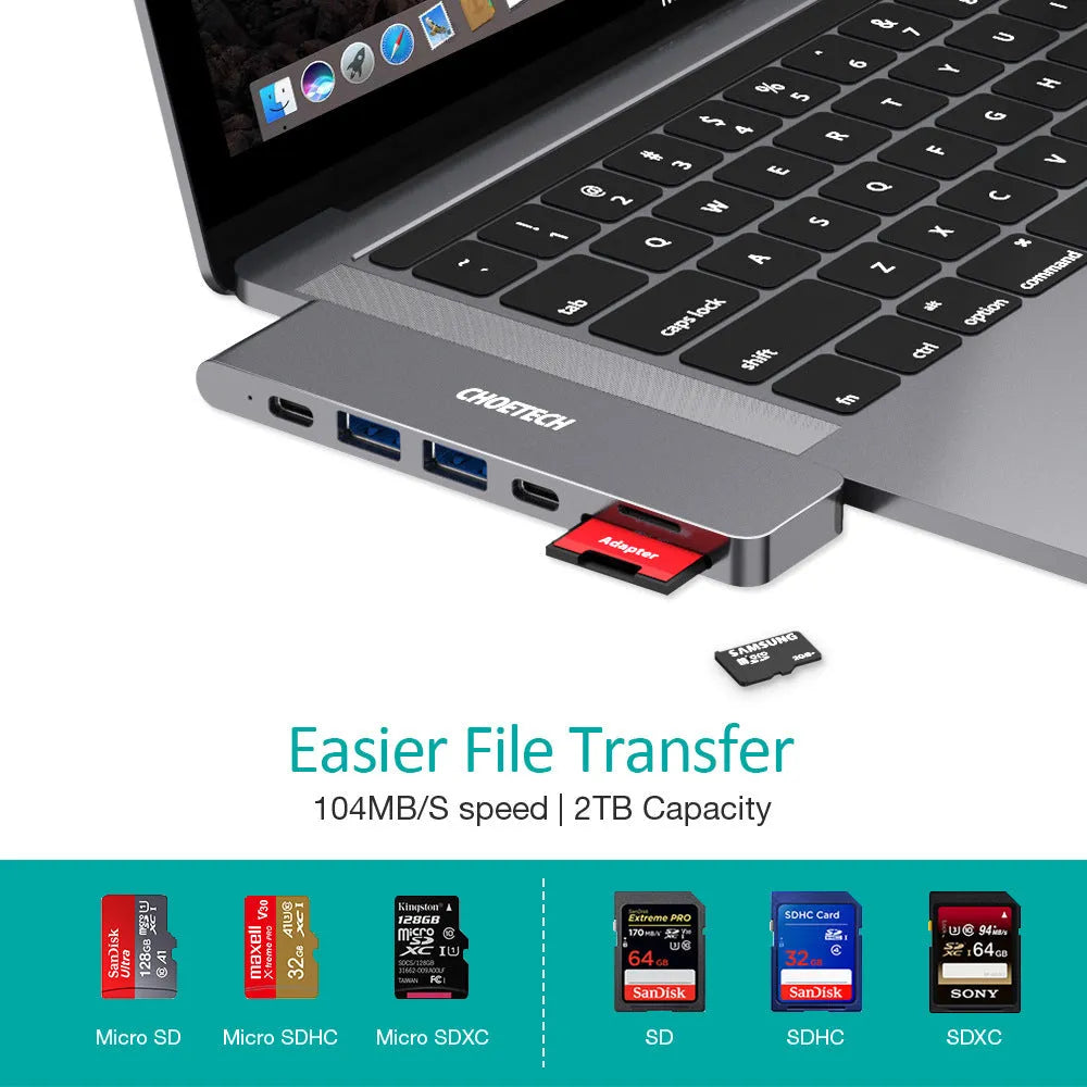 USB-C multiport adapter with Thunderbolt 3, HDMI, SD card slots, and USB ports in aluminium alloy case