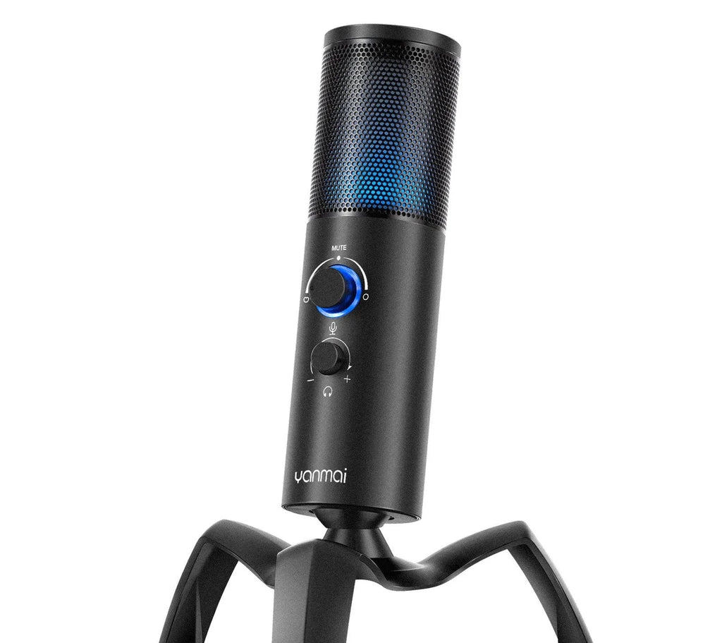 Black Q18 directional condenser microphone with RGB lighting on adjustable tripod