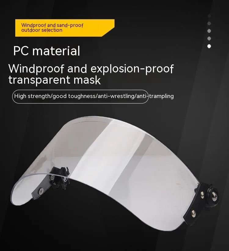 Transparent polycarbonate helmet face mask with guide rail mounting system