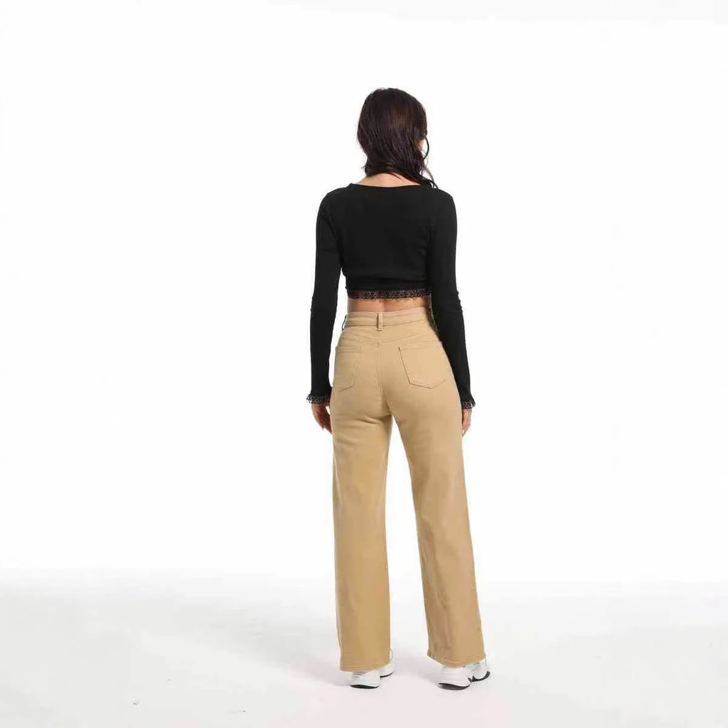 Women's high waist wide leg straight jeans in apricot colour made from high elasticity cotton fabric