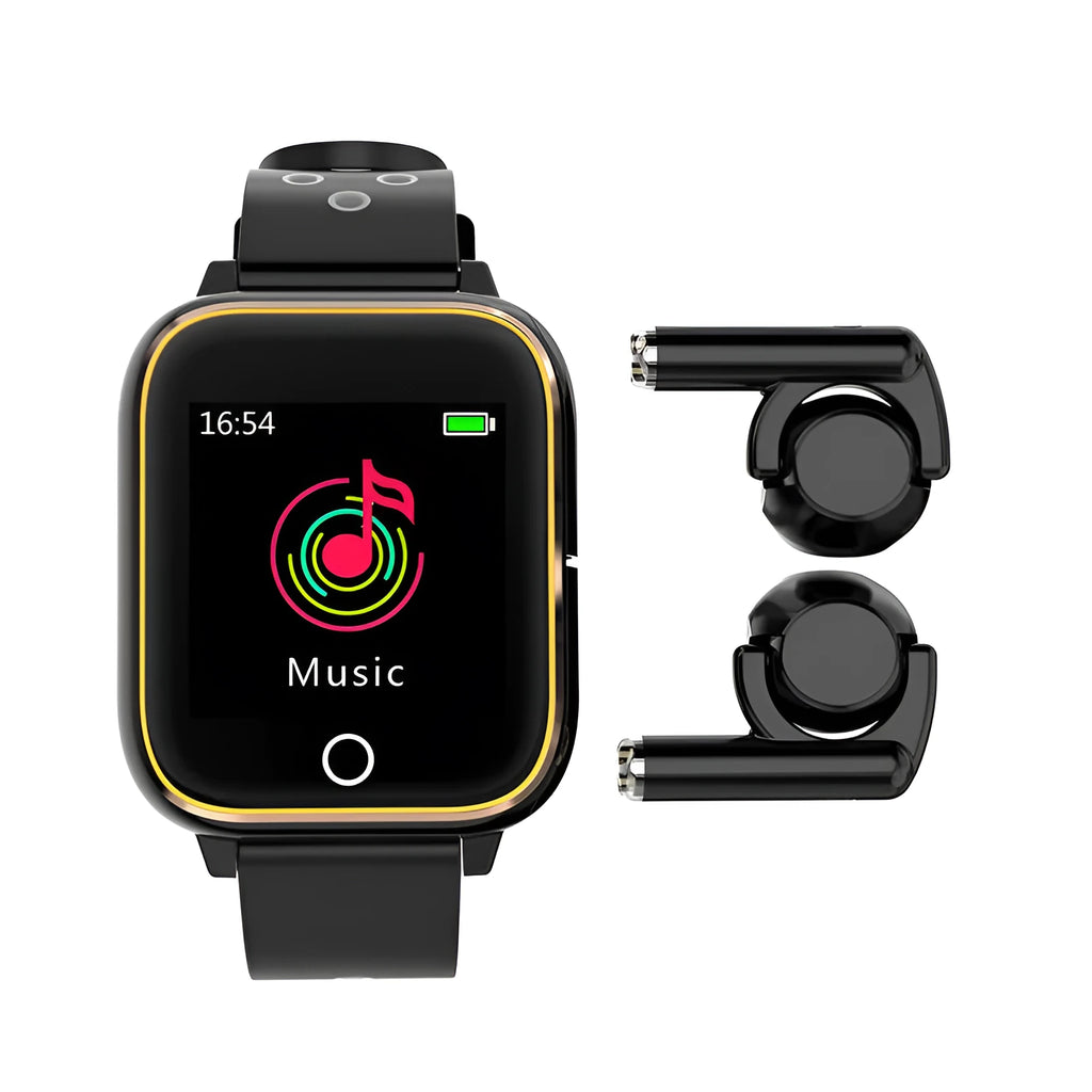 Black smartwatch with detachable Bluetooth earphones showing 1.4-inch touchscreen displaying heart rate and fitness data