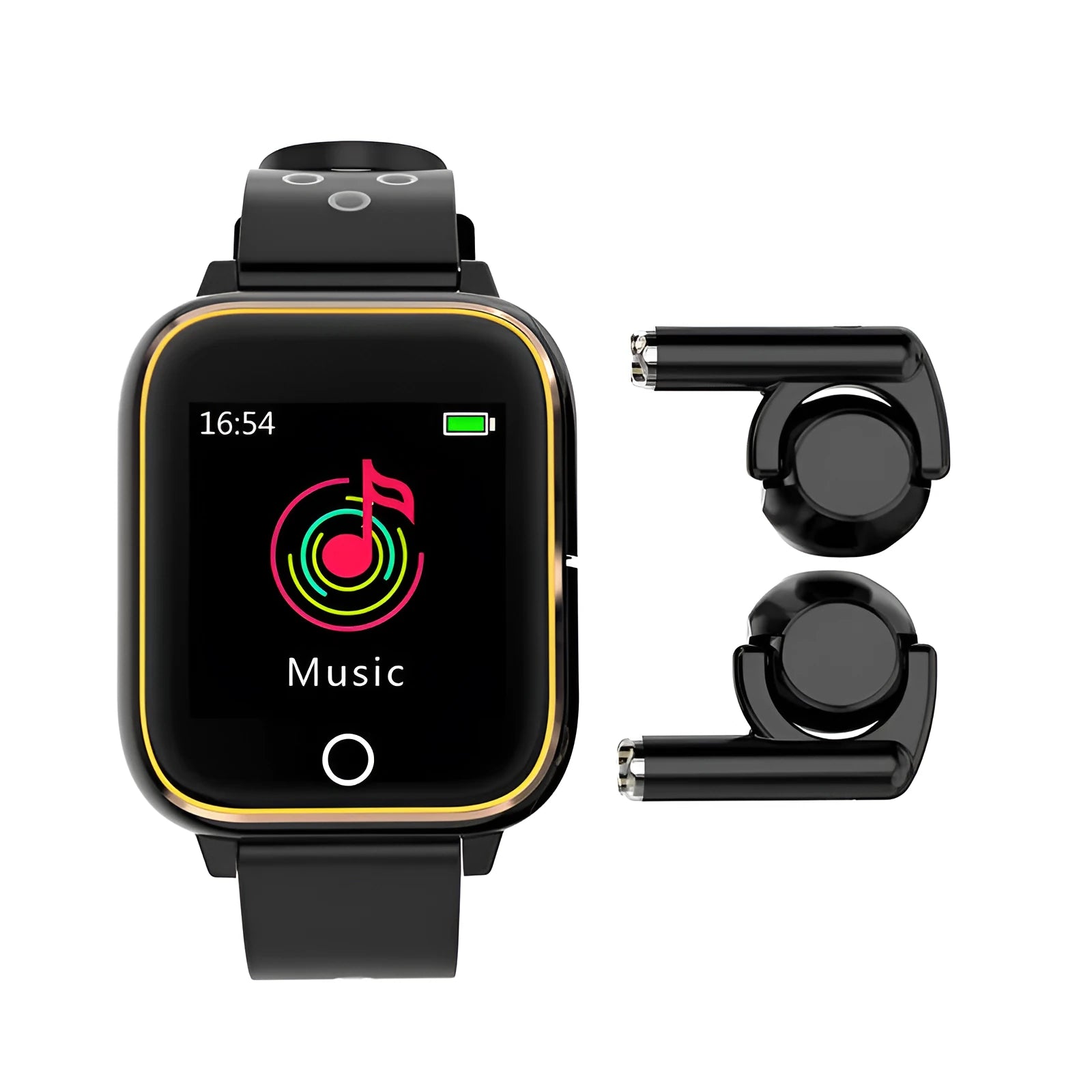 Black smartwatch with detachable Bluetooth earphones showing 1.4-inch touchscreen displaying heart rate and fitness data