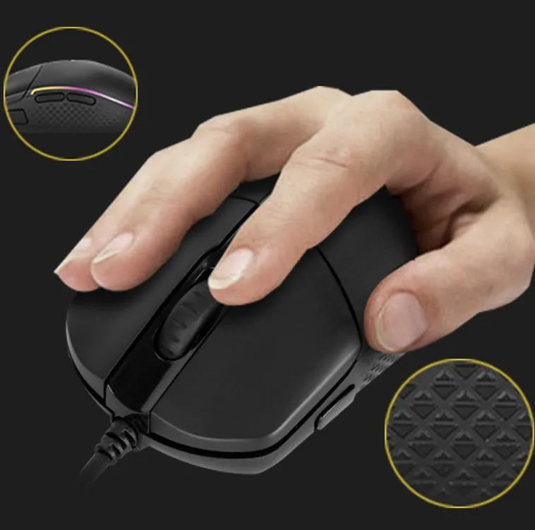 Black wired gaming mouse with 5000 DPI sensor, 9 buttons, USB cable and four-way scroll wheel for desktop PC