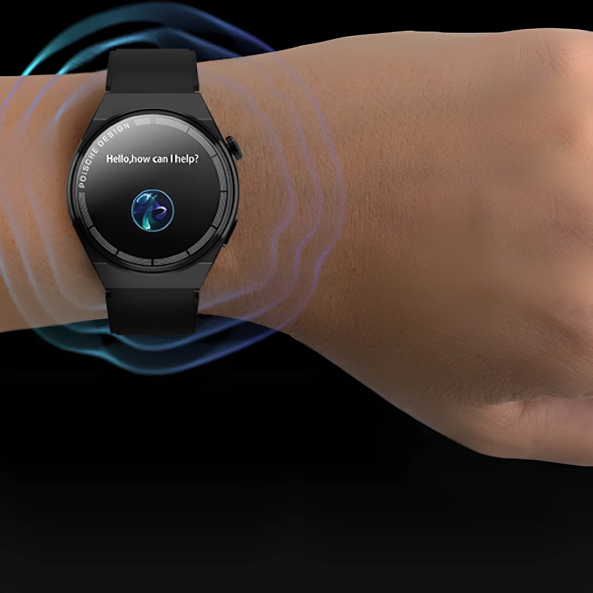 Circular smartwatch with colour screen showing health stats, featuring a silicone strap, for calls, payments, and access control.