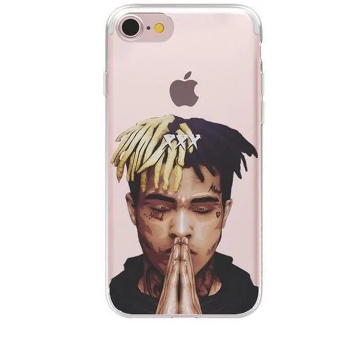 Transparent matte iPhone case with Xxxtentacion artwork showing half-wrapped design on phone
