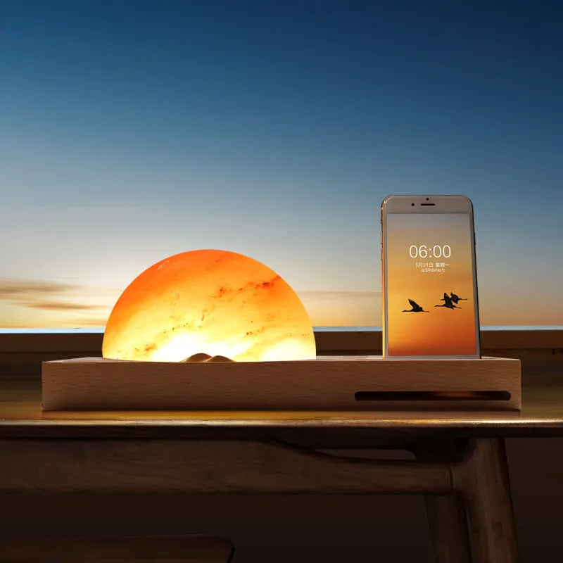 Sunrise Oriental natural crystal salt lamp with wireless phone charging on solid beech wood base