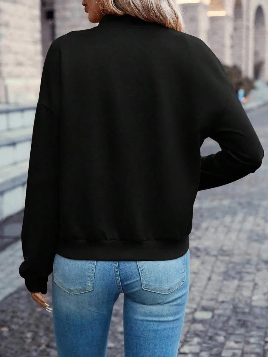 Black women's zip-front jacket with long sleeves in casual Japanese Korean style