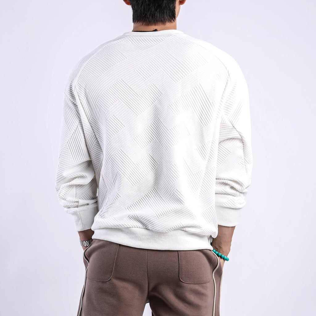 Men's loose long-sleeved sweater in twill jacquard fabric, shown in Army Green colour with a round neck.