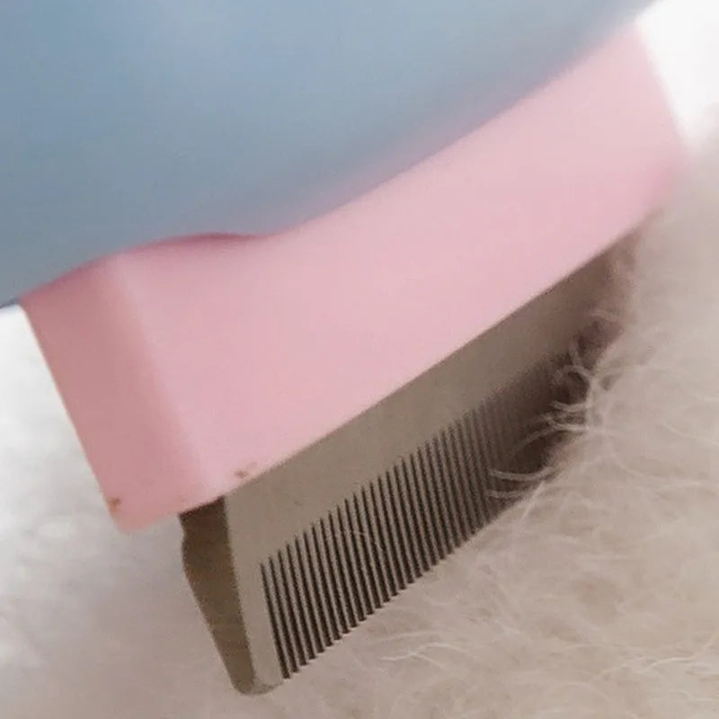 Blue and green dual-sided pet grooming brush showing deshedding rake and dematting comb.