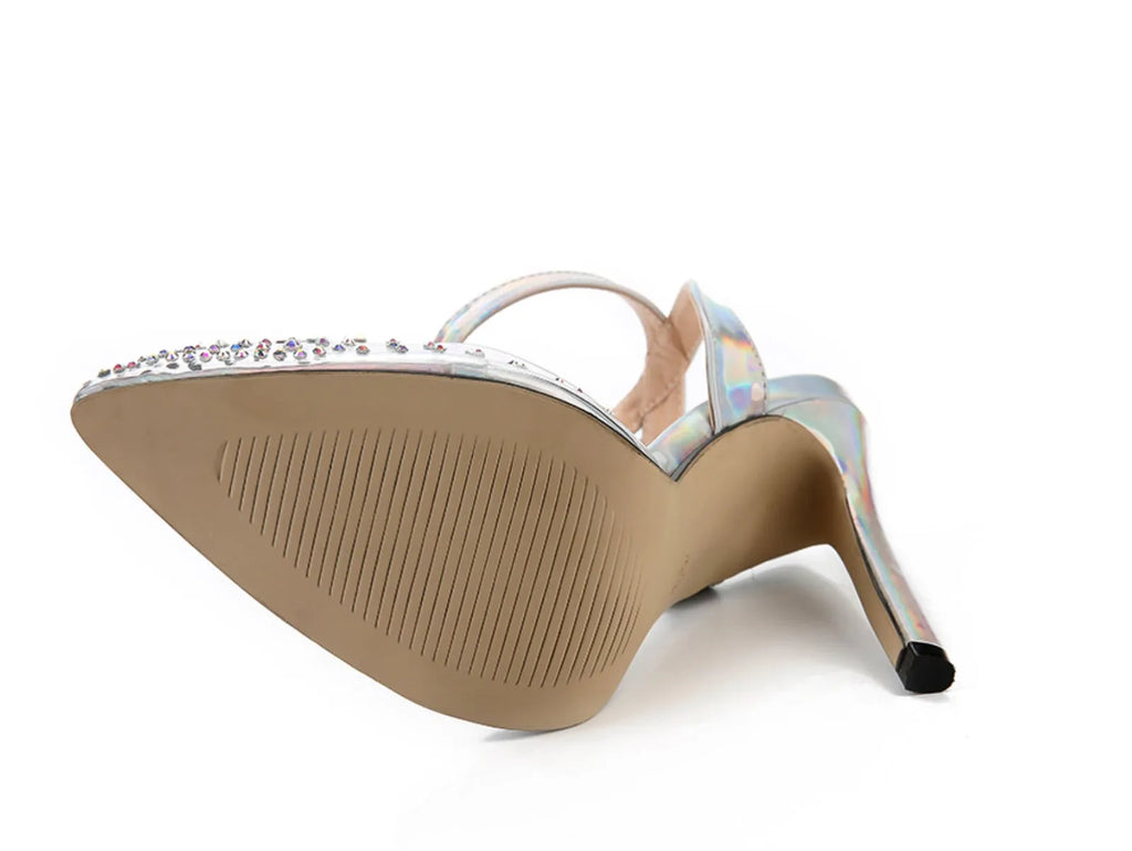 Women's pointed toe diamond sandals with stiletto heels in PVC material