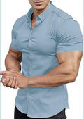 Men's casual short sleeve printed shirt cardigan in polyester, shown in brown colour.