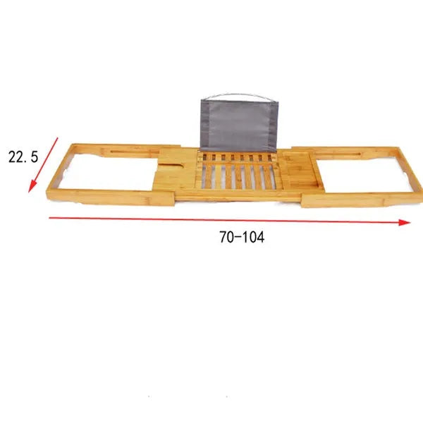 A bamboo bathtub frame storage organiser with a single shelf, shown on a bathroom desktop next to a tub.